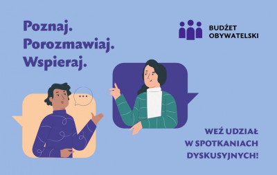 grafika z hasłem poznaj porozmawiaj wspieraj rysunek rozmawiających ze sobą osób