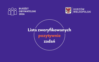 grafika napis lista zweryfikowanych pozytywnie zadań na fioletowym tle z herbem Gorzowa Wielkopolskiego