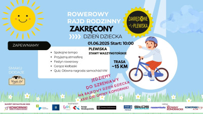 na niebieskim tle żółte tło, napisy, rowerzysta 