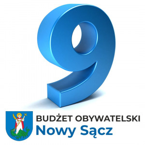 cyfra dziewięć, napis budżet obywatelski i herb miasta Nowy Sącz