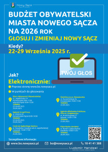 Plakat zachęcający do głosowania w Budżecie Obywatelskim Miasta Nowego Sącza 