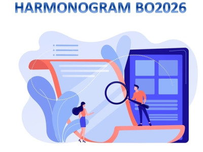 Napis: harmonogram BO2026, grafika kobiety i mężczyzny nad kartką papieru, mężczyzna trzyma w ręku lupę.