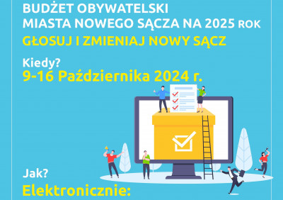 plakat z informacją o głosowaniu na projekty w ramach Budżetu Obywatelskiego Miasta Nowego Sącza na 2025 rok