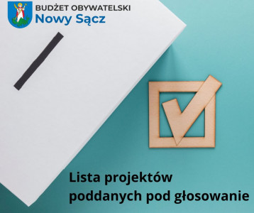 zdjęcie przedstawiające urnę do głosowania, logo budżetu obywatelskiego Miasta Nowego Sącza, napis: lista projektów poddanych pod głosowanie