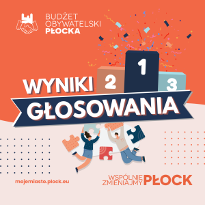 grafika informacyjna z napisem wyniki głosowania, podjum z miejscami, konfetti