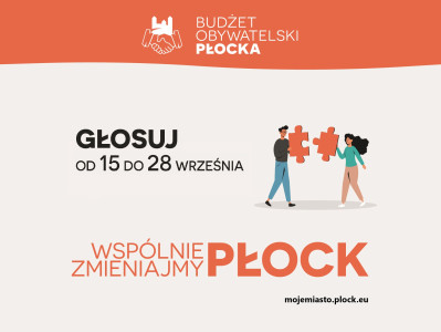 Grafika informacyjna o głosowaniu na projekty w Budżecie Obywatelskim Płocka, kobieta i mężczyzna trzymający puzzle