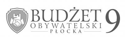 grafika przedstawiająca logo Budzetu Obywatelskiego Płcka - tarcza z dłńmi w uścisku a za nimi logo Płocka