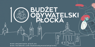 grafika z napisem 10 Budzet Obywatesli Płocka i konturem ratusza i wzgórza Tumskiego 