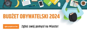 Grafika przedstawiająca osobę przy biurku pełnym różnych przedmiotów, tekst "Budżet obywatelski Ruda Śląska 2024. Zgłoś swój pomysł na miasto"