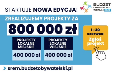 Plakat informujący o nowej edycji Budżetu Obywatelskiego Śremu 2027. Łączna kwota na projekty wynosi 800 000 zł, w tym 400 000 zł na projekty miejskie i 400 000 zł na projekty wiejskie. 