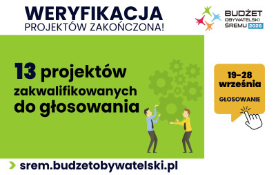 Plakat informuje o zakończeniu weryfikacji projektów w ramach Budżetu Obywatelskiego Śremu 2026. Na górze znajduje się duży napis „Weryfikacja projektów zakończona!” oraz po prawej