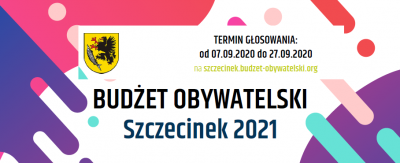 baner z napisem budżet obywatelski Szczecinek 2021 i napis termin głosowania od 07.09.2020 do 27.09.