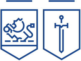 Niebieskie logo: dwie tarcze herbowe, na pierwszej jest rysunek lwa, na drugiej miecza